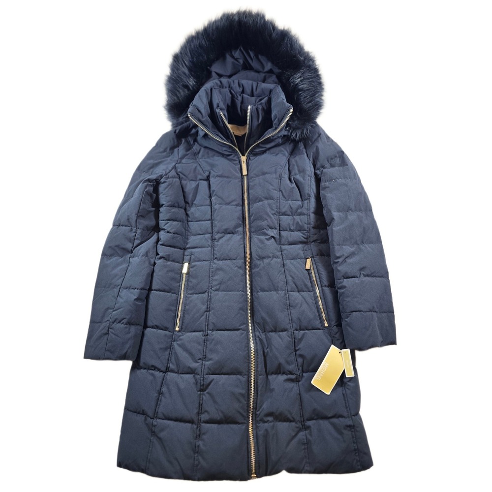 Michael Kors Down Puffer Coat Womens XS Navy Blue w/Bib Faux Fur Hood NEW